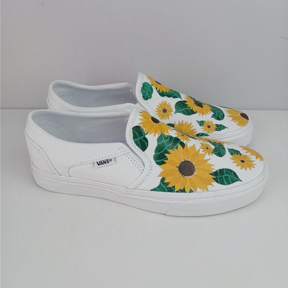 Vans SZ 8 White Customized Hand Painted Sunflower Motif Slip On Sneaker NEW - Picture 4 of 10